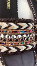 Rasteirinha Estilo Boho Chic Exclusiva Feminina Tecido Artesanal Sandália Marrocos Indiana Bico Quadrado