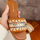 Rasteirinha Estilo Boho Chic Exclusiva Feminina Tecido Artesanal Sandália Marrocos Indiana Bico Quadrado