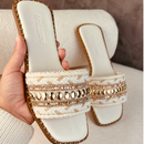 Rasteirinha Estilo Boho Chic Exclusiva Feminina Tecido Artesanal Sandália Marrocos Indiana Bico Quadrado