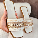 Rasteirinha Estilo Boho Chic Exclusiva Feminina Tecido Artesanal Sandália Marrocos Indiana Bico Quadrado