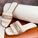 Rasteirinha Estilo Boho Chic Exclusiva Feminina Tecido Artesanal Sandália Marrocos Indiana Bico Quadrado